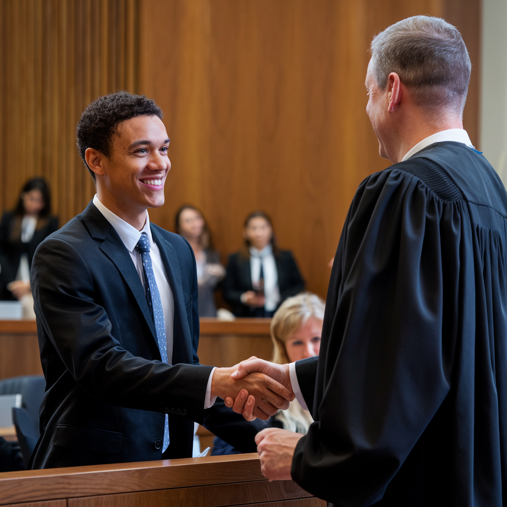 Smiling client shaking hands with a lawyer after a successful case