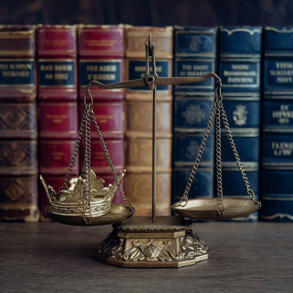 Close-up of scales of justice in front of law books