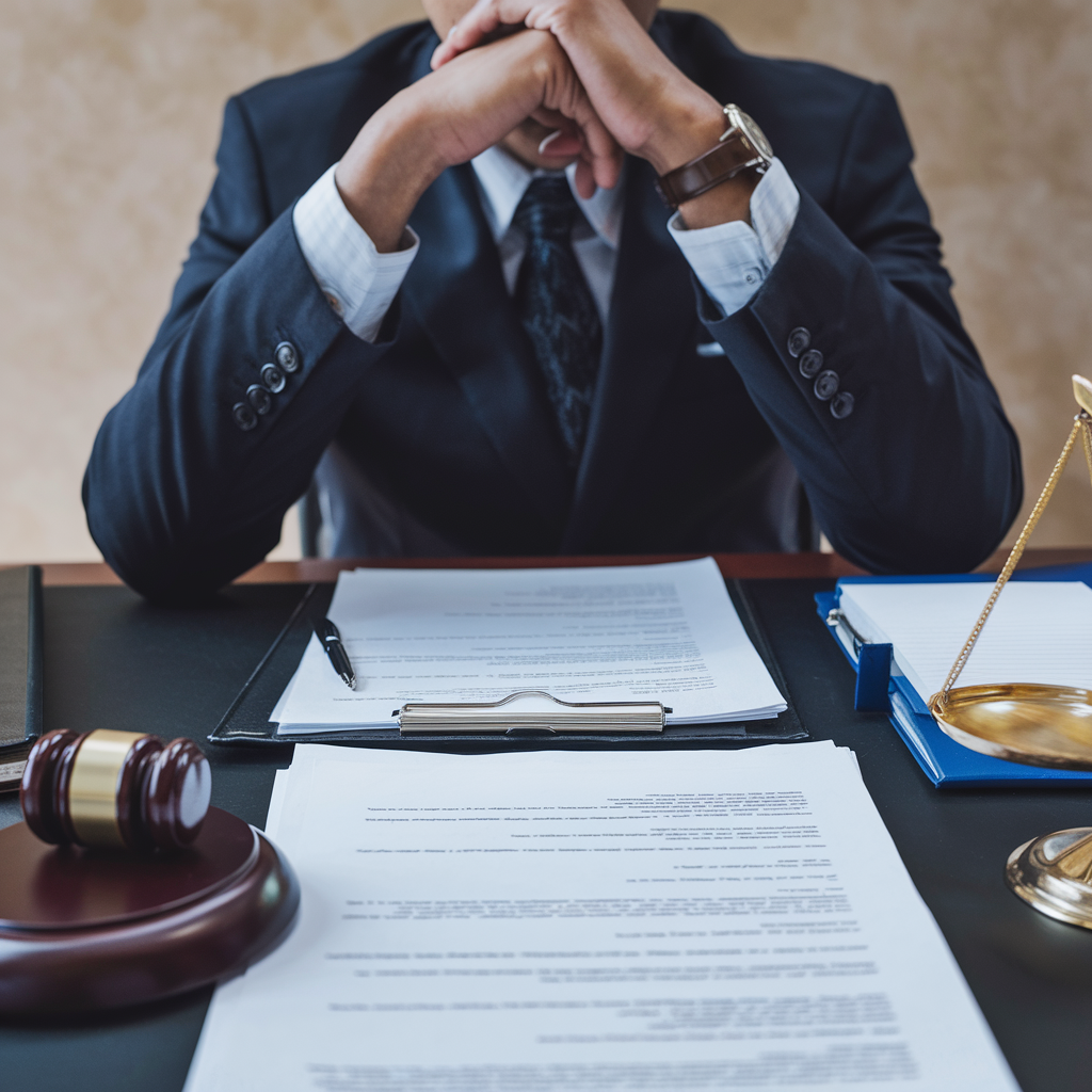 Lawyer reviewing paperwork at a desk with legal documents