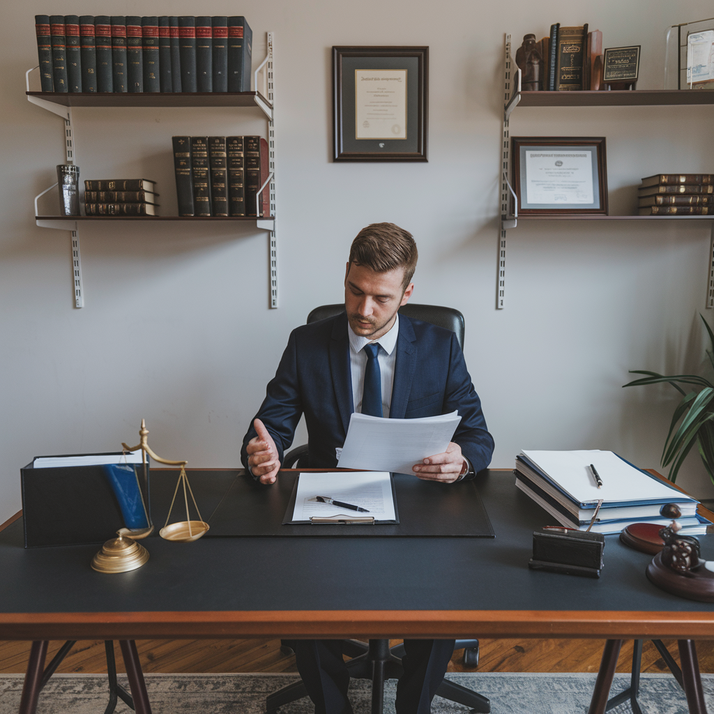 Lawyer reviewing paperwork at a desk with legal documents