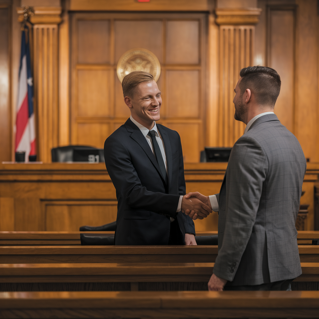 Smiling client shaking hands with a lawyer after a successful case